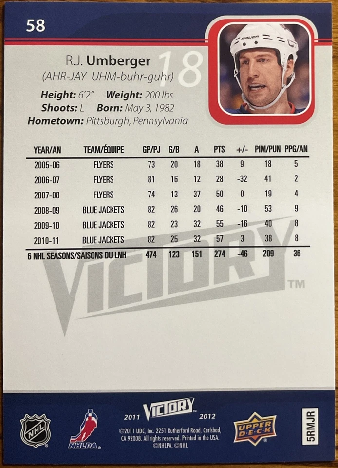 2011-12 Upper Deck Victory Red R.J. Umberger #58 Columbus Blue Jackets - Image 2 of 2