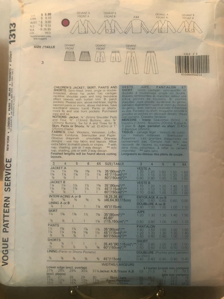 Vogue Pattern 1313 CHILDRENS JACKET SKIRT PANTS SHORTS Sz 3 Pleats Pockets VTG - Image 2 of 3