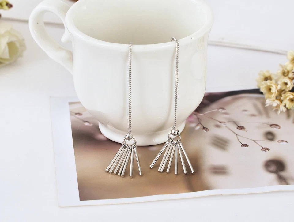 Stunning 18K White Gold Filled Drop Bars Dangle Thread Threader Stud Earrings - Image 4 of 4