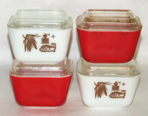 Set of 4 Vintage Refrigerator Dishes 2 Red & 2 Early American Corn, Cat, Grinder