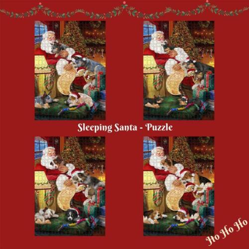 Christmas Santa Sleeping with Gifts Dogs Cats Photo Jigsaw Puzzle with Tin - Picture 1 of 109