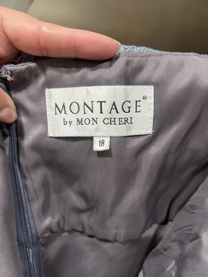 Vestido de Noche Largo Mon Cheri Encaje Lentejuelas MOB Azul Silencioso Talla 10 Foto 4 de 4