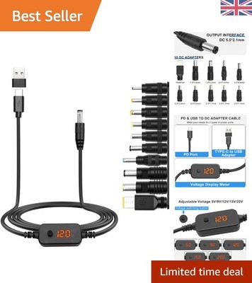 Multi-Voltage USB PD to DC Charger - Fast 5V/9V/12V/15V/20V Adapter with 10 Tips