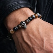 Men s Agate Bead Skull Bracelet Gothic Stretch Bracelet