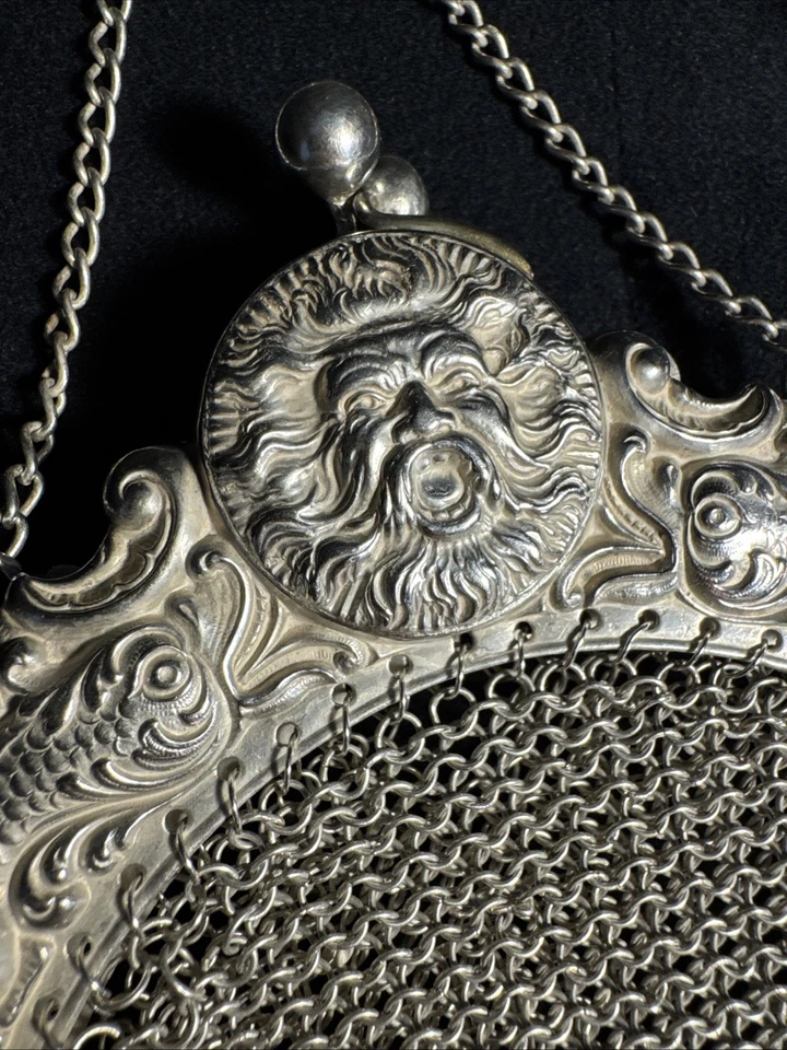 Antique Art Deco Sterling Silver Chainmail Mesh Bag Signed Figural & Fish Motif - Image 2 of 4