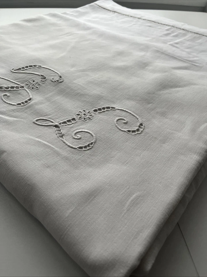 Antique French 100% Linen Trousseau Sheet Monogrammed Ladderwork Chateau King - Image 3 of 4