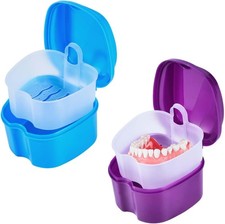 2 Pack Colors Denture Bath Case Cup Box Holder Storage Soak Container with St...