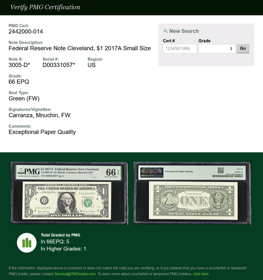 2017A $1 CLEVELAND STAR NOTE PMG 66 EPQ 500K Print Run Low Pop (5/1) Fr 3005-D* - Image 3 of 3