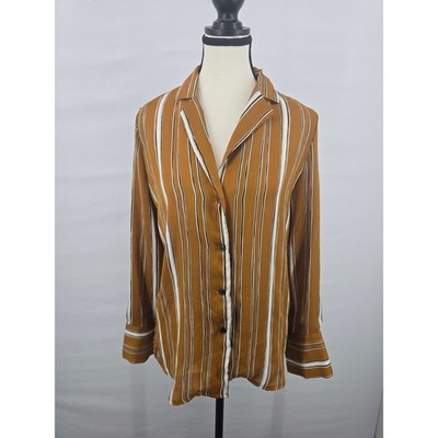 Emory Park Womens Mustard Yellow Striped Long Sleeve Button Down Blouse Small
