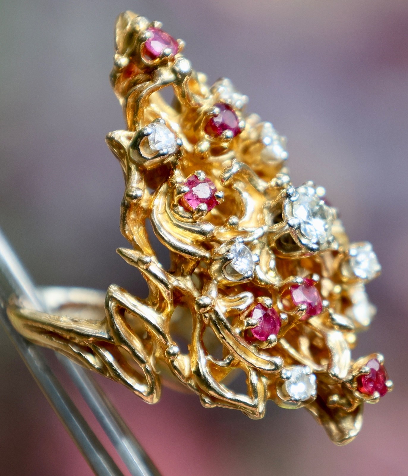 14K 585 SOLID YELLOW GOLD RUBY DIAMOND CLUSTER AR… - image 11