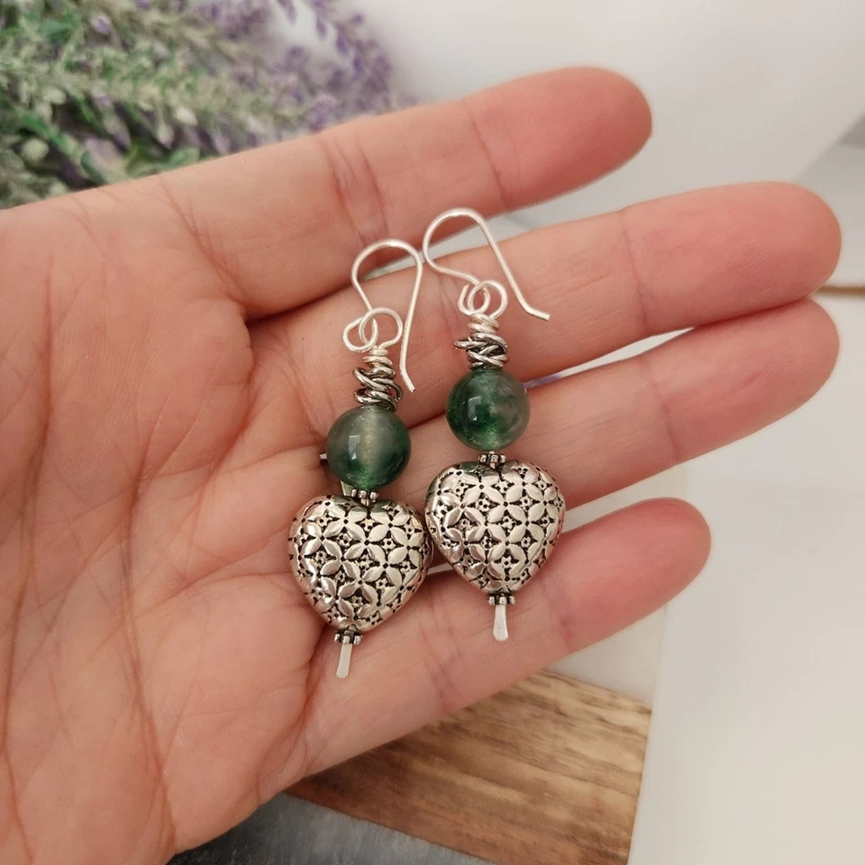 Natural Jade Stone Silver Heart Dangle Earrings - Image 4 of 4
