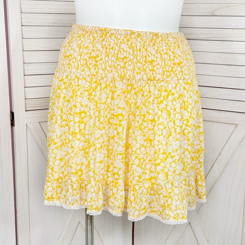 Lost + Wanderer Skirt XL Yellow White Floral Lace Hem Smocked Waist Mini Cottage