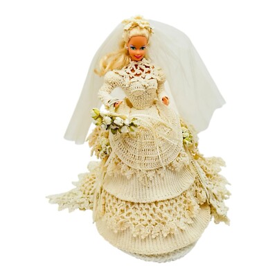 Barbie Doll Hand Crocheted Beaded Wedding Gown Veil Bouquet RARE
