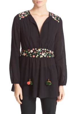 Tory Burch FLEUR TUNIC Top Embroidered Pom Pom Trim Size 8 (New w Tags)$325