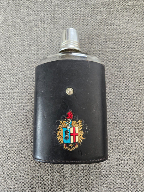Vintage REAL HIDE LEATHER GLASS FLASK Made in ENGLAND Chrome Black Coat Of Arms