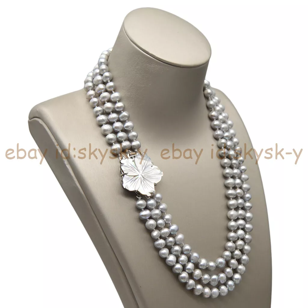 3 Rows Natural Silver Gray Freshwater Pearl Necklace 17 19 Shell Flower Clasp