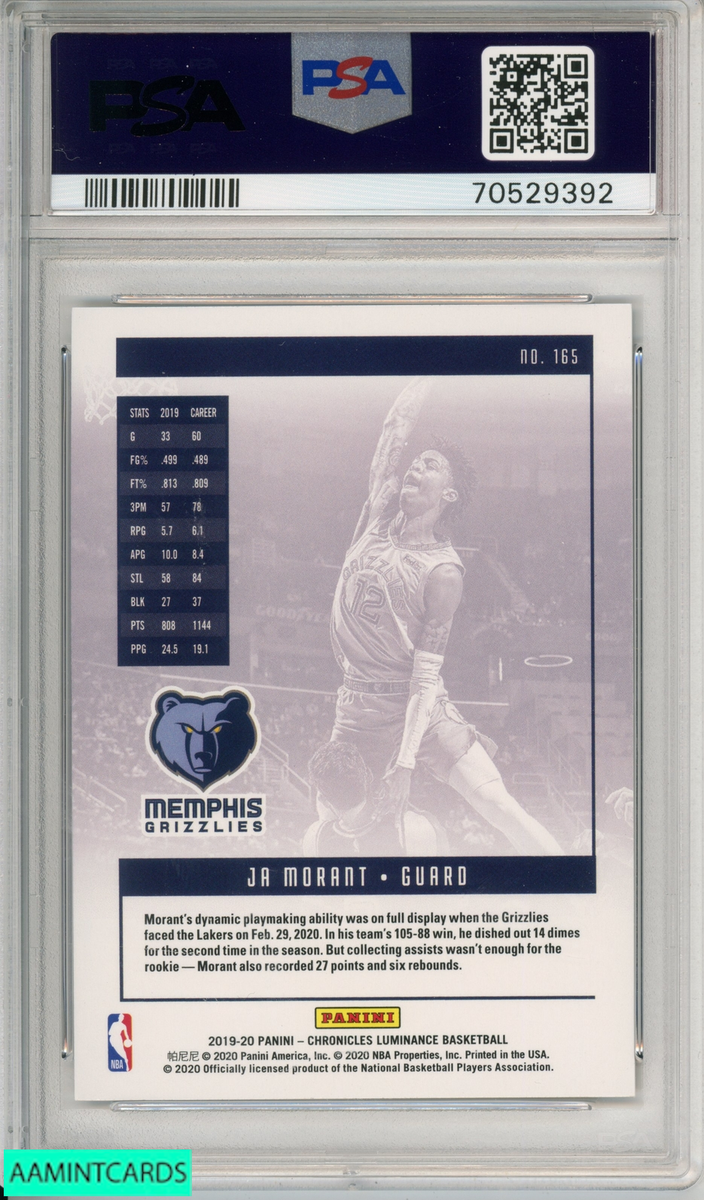 2019 PANINI CHRONICLES JA MORANT #165 ROOKIE GRIZZLIES RC PSA 10