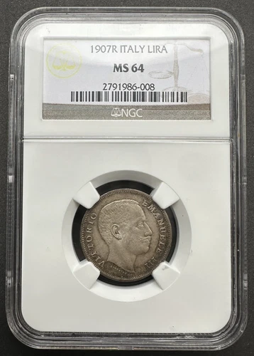 1907 R Italy Silver Lira NGC MS64
