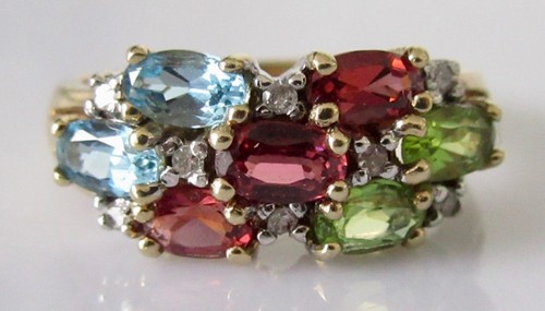 Gold Diamond Ring - 9ct Gold Topaz Garnet Peridot Diamond Dress Ring Size M 1/2 - Picture 12 of 19