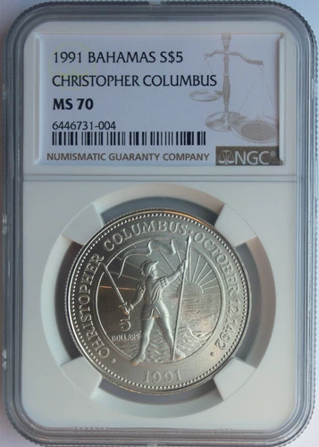 BAHAMAS 1991 SILVER 5 DOLLARS. CHRISTOPHER COLUMBUS. ONLY 750 MINTED. NGC MS-70.