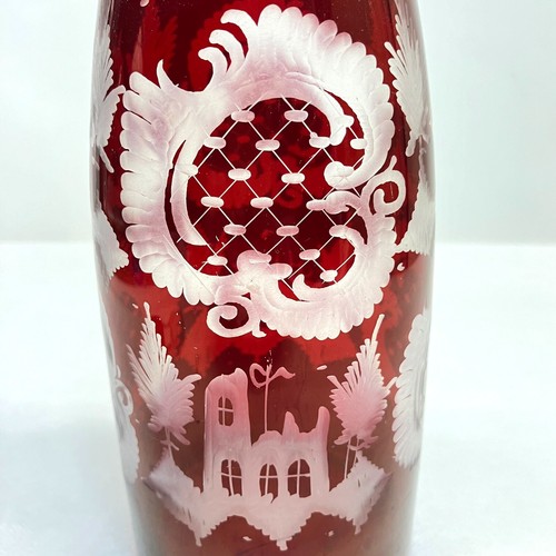 Egerman Ruby Red Czech Bohemian Cut-to-Clear Etched Castle Decanter Genie Bottle - Picture 15 of 18