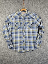 Wrangler Rodeo Men s M Pearl Snap Shirt Blue Plaid Western Embroidered LS