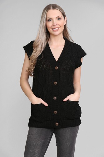 Womens Sleeveless Button Cable Knitted Grandad Cardigan Ladies Waistcoat Sweater - Picture 2 of 11