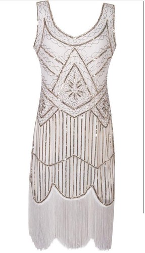 BABEYOND WOMENS DRESS SIZE LARGE WHITE & GOLD 1920 GREAT GATSBY COCKTAIL PARTY - Picture 2 of 3