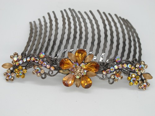 Large Fabulous Vintage Amber Color Rhinestone Metal Hair Comb 4.25" wide - Picture 2 of 3