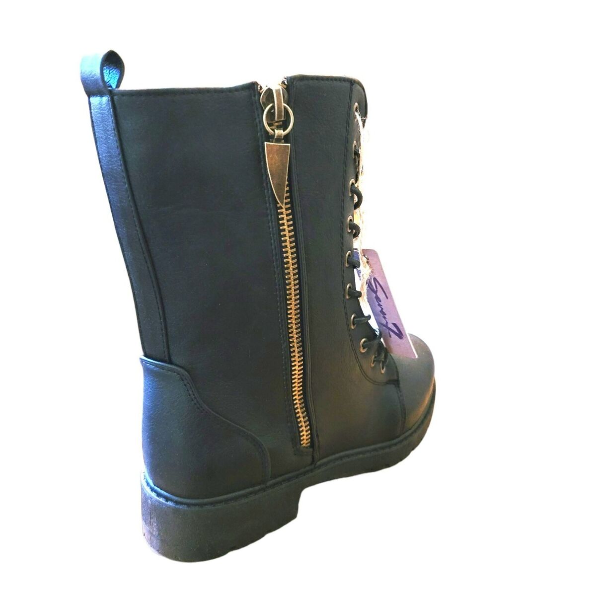 Seven7 Black Boots Mr. Zipper Brass Side Zip Lace-up Faux Seven7 Black Boots Mr. Zipper Brass Side Zip Lace-up Faux