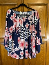 Naif Floral Bell Sleeve Blouse Top Sz XL Elastic Neck Navy Blue Red White Slinky