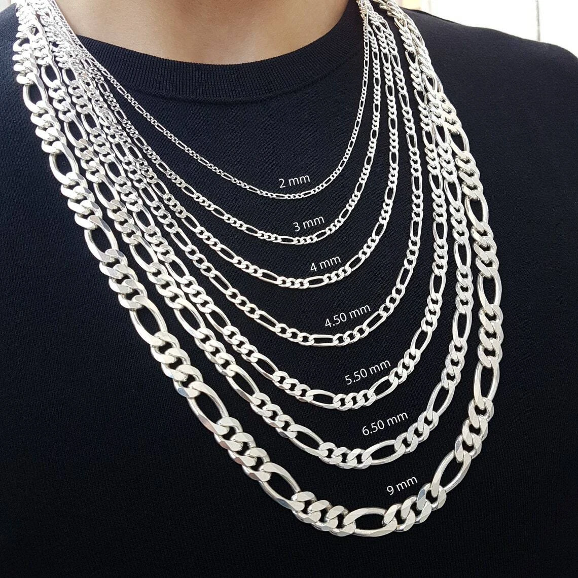 Solid 925 Sterling Silver Figaro Chain Necklace For Men And Women All Sizes