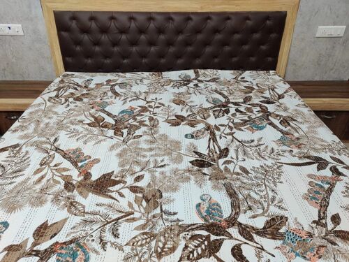 Housse de lit double taille en coton indien Kantha couvre-lit jeter hibou couverture imprimée - Photo 1/4