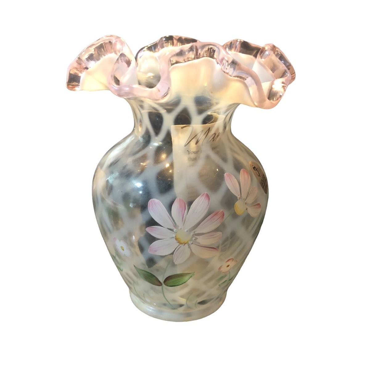 Vtg FENTON Pink Crest FLORAL LATTICE OPALESCENT VASE HANDPAINTED S