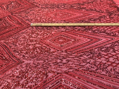 RED SEQUIN DIAMOND DESIGN EMBROIDERY ON A 4 WAY STRETCH MESH-SOLD BY YARD. - 第 6/9 張圖片