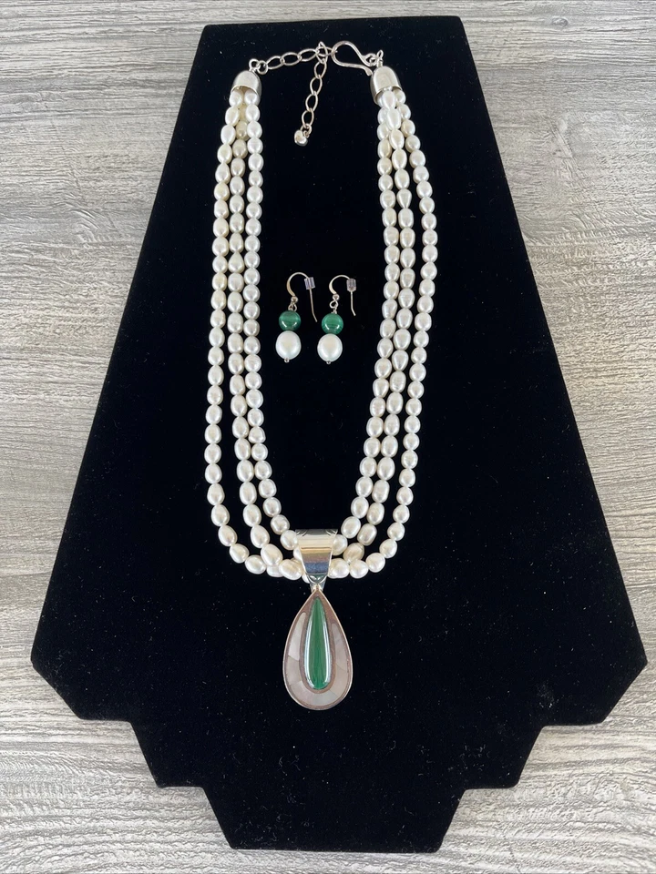 Conjunto de pendientes colgantes collar de malaquita madreperla Jay King Mine Finds 925