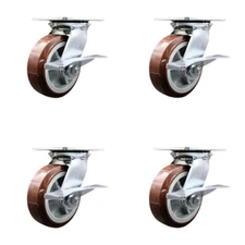 6 Inch Heavy Duty Polyurethane Caster Set with Ball Bearings and Brakes SCC