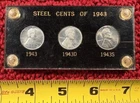 1943 P-D-S Steel Lincoln Cent Set Uncirculated 3 coins In Capitol Holder