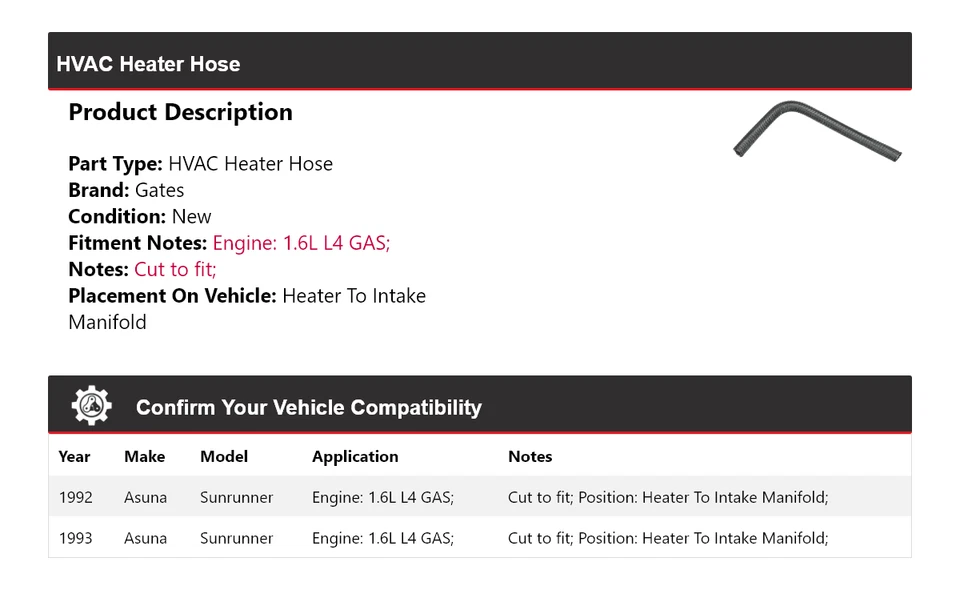 Para 1992-1993 Asuna Sunrunner HVAC Calentador Manguera Calentador para Admisión Colector Puertas Foto 2 de 4