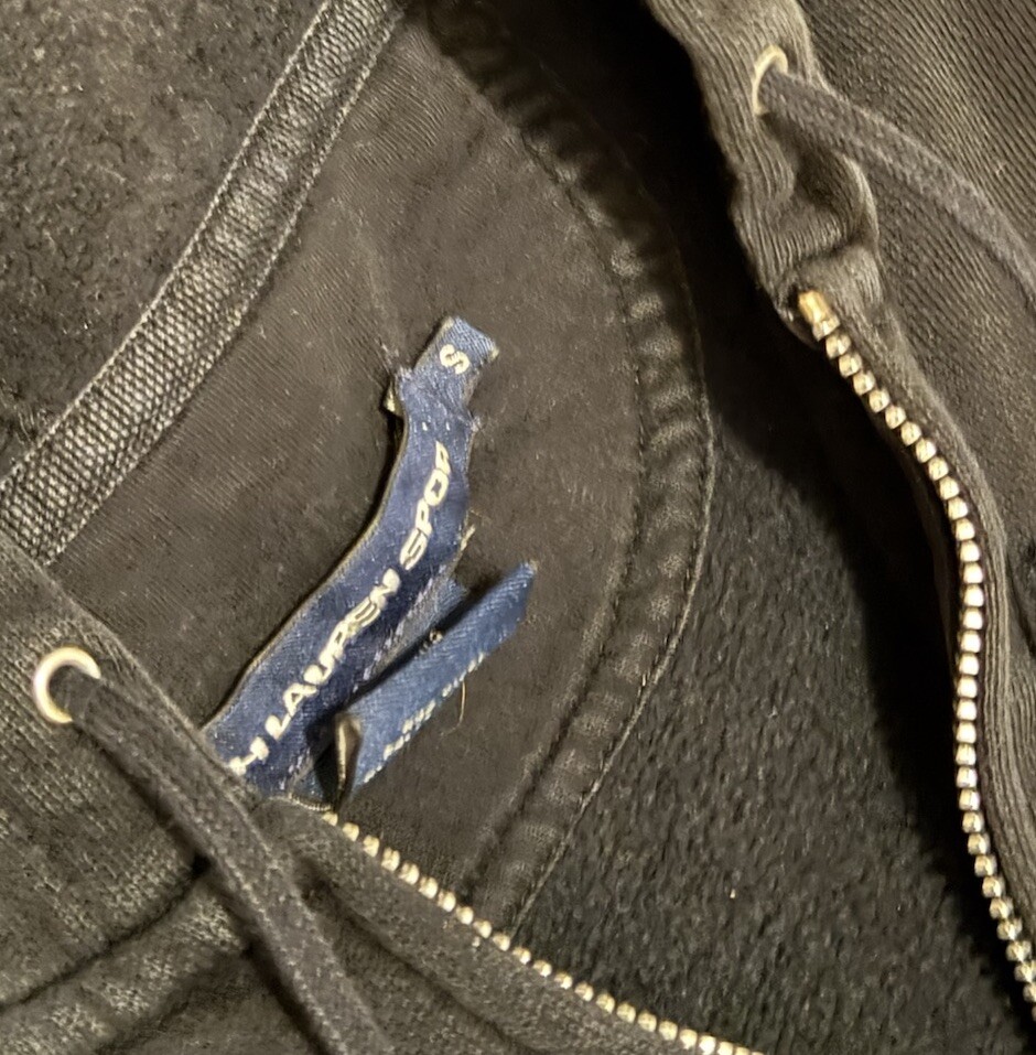 Polo donna Ralph Lauren nera con cappuccio e zip viola pony taglia small petite