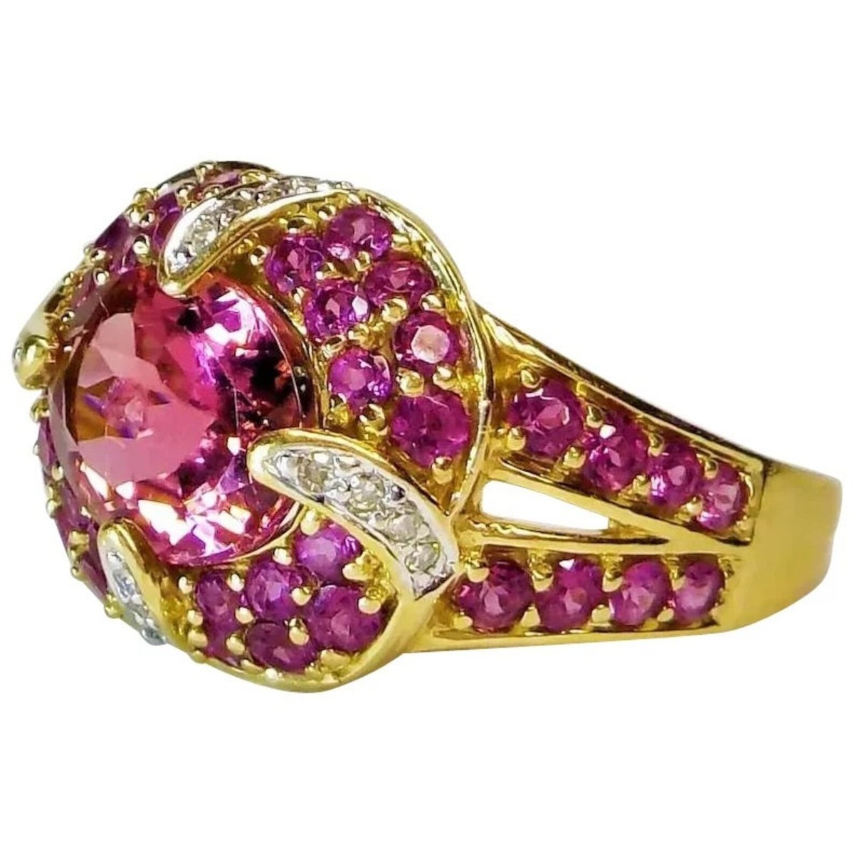 Vintage 14k Pink Tourmaline Rhodolite Garnet Diamond Statement