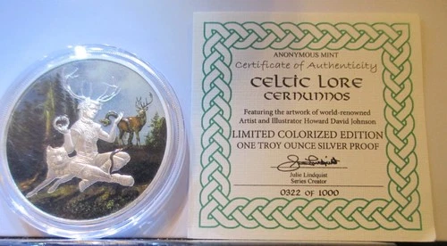Celtic 1 oz .999 silver Colorized Proof Round CERNUNNOS Capsule & COA # 0322