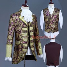 Men 3PCS Set Vintage Embroidery Jacket Vest Victorian Costume Trouser Pants Prom