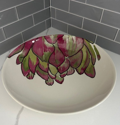 Crate & Barrel Large Serving Bowl Artichoke Design 13 inches Pink Green