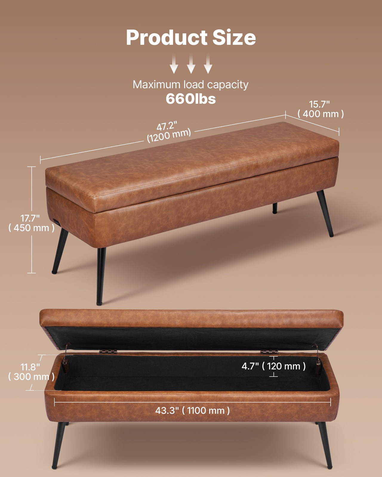 Uimoso PU Leather Storage Ottoman Bench Shoe Seat with Storage& Metal Legs Brown