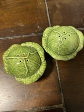 Cabbage Leaf Ceramic Salt Pepper Shakers Set Of 2 Small Green Vintage Kitchen