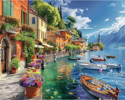 KEYIFA Paint by Numbers for Adults Seaside Town Boat, Painting by Number Canvas