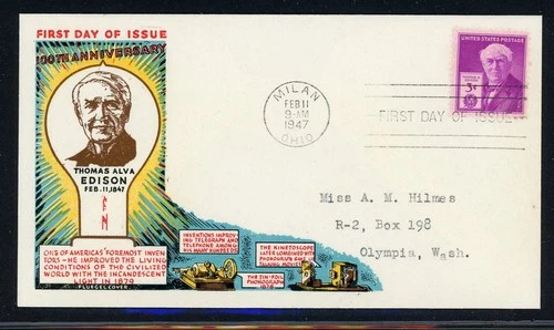 UNITED STATES FLUEGEL COVER LOT #35 1947 Thomas A. EDISON Inventor FDC $$$