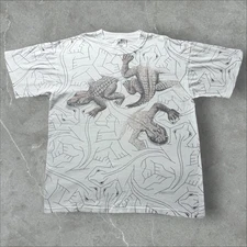 1990s M.C. Escher Reptiles Lizards All-Over Print Tee White Vintage Large AOP
