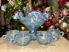 Fenton Glass Blue Ruffled Mini Punch Bowl Set